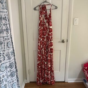 Red and White Tropical Halter Maxi Dress